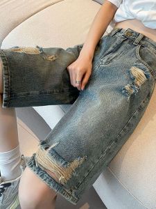 High Waist Wide Leg Straight Cut Jeans Shorts Women Summer Loose Fit plus Size Washed out Distressed Casual Five Inches Pants