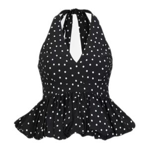 BINKAFENNY | Black Polka Dot V-Neck Chiffon Top Womens Summer Waist-Cinching Sleeveless Sweet-and-Spicy Design Neck Hanging Bell-Bottoms