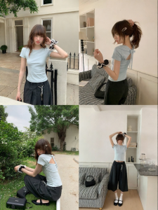 NIHAOKANONG | Áo Thun Dây Nơ Sau Lưng Có Ren Màu Đơn