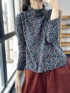 Mori Original Artistic Fashion Retro High Neck Base Layer Loose Casual Comfortable Versatile Floral T-Shirt Autumn Collection
