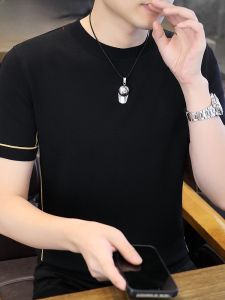 HENGYUANXIANG | Hengyuanxiang Ice Silk Mens T-Shirt Short Sleeve Round Neck Knitted Summer High End Solid Color Cool Feeling Lightweight Top