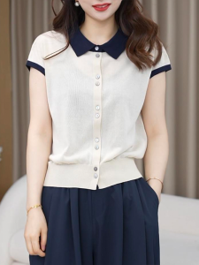 Shalldoer | Korean Style Short Sleeve Polo Neck T-Shirt Womens Summer Fashion Color Block Knitted Top Versatile Ageless Breathable Light Weight