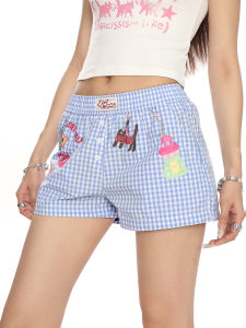 Cartoon Print Gingham Beach Shorts