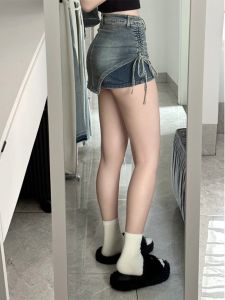 American Style Spicy Girl Drawstring Denim Mini Skirt Women Summer New A-Line Bodycon Skirt plus Size High Waist Slimming Skirt Pants