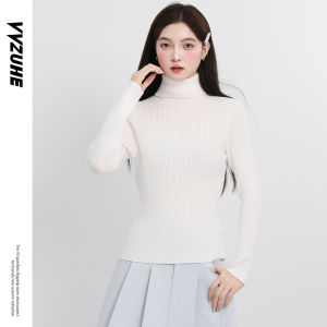 Áo Len Dệt Kim Cổ Cao Tay Dài Màu Trắng Ôm Vừa Vặn Phong Cách Mỹ Đơn Giản Cho Nữ Mùa Thu
