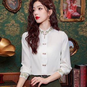 Elegant Long Sleeve Embroidered Shirt Womens Spring Fashion New Chinese Style Stand Collar Top Matched with Horse Tailed Skirt