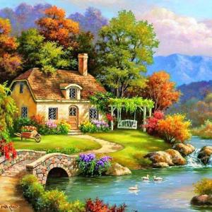 [LEAZEN]Village Scene 5D Diamond Painting Wall Decor Kit with Full Round Drill for Stress Relief and Home Decoration