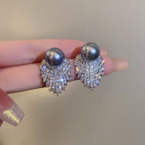 Gray Pearl Drop Earrings Womens Fashion Elegant Diamond Studded Fan Shape Jewelry Ear Studs Fresh out New Style
