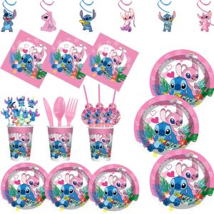 Pink Stitch Birthday Party Decorations Tableware Kit Lilo Stitch Theme Cups Plates Balloons Happy Banner Supplies For Kids Girls
