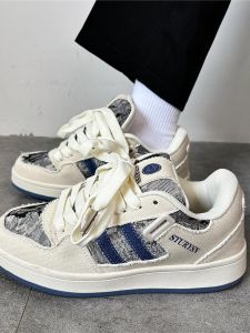 Denim Blue Canvas Breathable Casual Shoes Womens 2024 Autumn New Style High School Students Thick Bottom Versatile Leisure Board Shoes