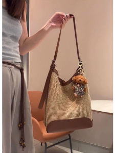 Summer Large Capacity Bucket Tote Bag Womens Crossbody Beach Vacation Handbag Korean Style Woven Straw Bag Single Shoulder