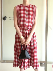 3657 Summer Waist Slim Dress Miyake Pleated Plaid Pastoral Fresh Tie  One Size (45-75kg)