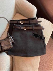 plus Size Womens American Retro Grey Woolen Mini Skirt High Waist Slim A-Line Short Skirt Black Color Spring Autumn Season