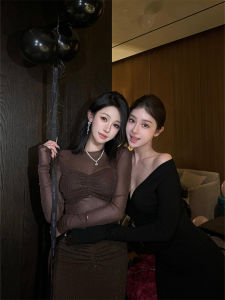 Korean Rainy Jiang Kyoto Love Letter Pure Desire Black V-neck Knitted Wraparound Skirt Waist-cinching Slimming Cross Fish-tail Long Dress