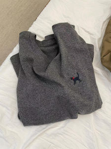 เสื้อยืดแขนยาวผู้หญิงฤดูใบไม้ร่วง/ฤดูหนาว อบอุ่น ขนแกะ เสื้อชั้นในหลวมๆ ทรงเข้ารูป เสื้อตัวบนลายปักแมวขนาดเล็ก