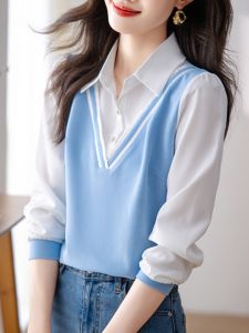 เสื้อเชิ้ตผู้หญิงถักแขนยาวแฟชั่นฤดูใบไม้ผลิและฤดูใบไม้ร่วง 2025 ใหม่ เสื้อเชิ้ตสไตล์สองชิ้นเทียม เสื้อเชิ้ตคอโปโลแขนยาว