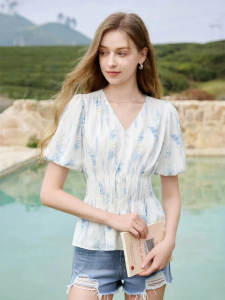 XIANGYING | Romantic Ruffled Puffy Sleeves V-Neck Fitted at Waist French Style Shirt