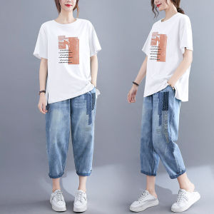 plus Size Casual T-Shirt Set Womens Summer round Neck Short Sleeve Loose Fit Jeans Nine-Piece Two-Piece Cotton Commute Style