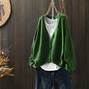 Loose Cotton Knitted V-Neck Cardigan Womens Long Sleeve Spring Autumn Outerwear Comfortable Lazy Style Fashion Commute