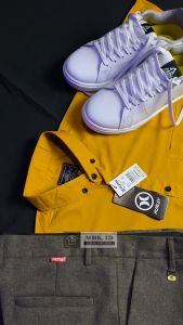 Kemeja Pria Lengan Pendek Polos Warna Mustard Kunyit Slimfit Casual