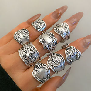 Retro Open Adjustable Patterned Rings Set for Women Trendy Big Finger Ring Accessories on Hand 2024 Fashion Jewelry Female Gifts