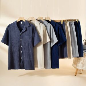 Mens Summer Pure Cotton Short-sleeved Cardigan Top Paired with Shorts Thin Loungewear Set