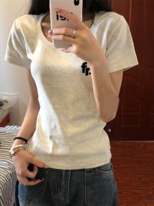 Cool Sweet Letter U-Neck Flower Grey Short Sleeve T-Shirt Women Summer Spicy Slimming Not Belly Show Shoulder Top