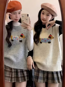 เสื้อกั๊กถักแขนกุดสำหรับผู้หญิง ปักลายหมาสุนัข อบอุ่น ใส่ได้หลายชั้น ผ้าฝ้ายผสมโพลีเอสเตอร์ ปกติ ฤดูหนาว 2025
