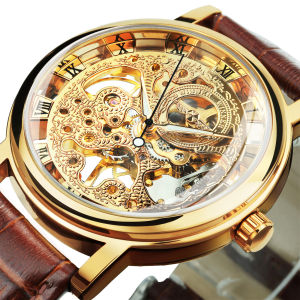 Winner Luxury Transparent Skeleton Mechanical Watches Casual Leather Strap Gold Watch for Men Luminous Hands Retro Wristwatches