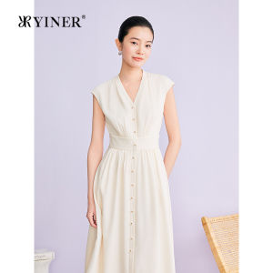 V-Neck Acetic Mixture Fabric Waist-High Cinched Dress
