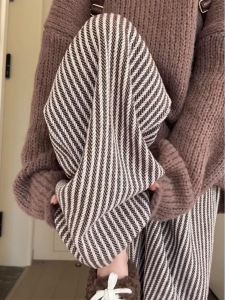 Plus Size Chubby Girl Loose Pants Womens Fall and Winter New Arrival Thickened Loose Drooping Casual Pants Retro Black and White Striped Pants 300