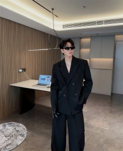 Black Double-Breasted Padded Shoulder Mens Casual Suit Jacket Autumn Winter New Style Loose Fit Fashion Urban Youth Westwear