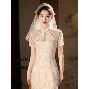 Elegant Lace Wedding Dress Reformed Cheongsam Engagement Gown for Women Short Sleeve Low Slit Pure Color Vintage Style