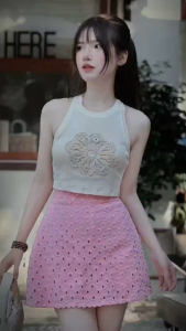 Set thiết kế đi tiệc set áo 3 lỗ Borip thêu hình chân váy jean dáng ngắn lỗ lưng thun có quần