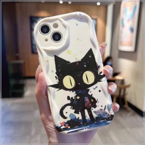 Cool Black Cat Compatible for IPhone 15 Plus 11 14 13 12 15 Pro Max XR X XS Max 15 7Plus 8plus Wavy Curved Edge Glossy