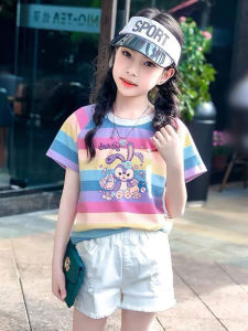 Ngôi Sao Chói Mắt Bé Gái Tay Ngắn Cotton Vải Bông Áo Thun Sọc Mỏng Tay Lửng Mùa Hè Thoải Mái Rộng Rãi Loại Quần Áo Trẻ Em Dành Cho Lứa Tuổi 2-14