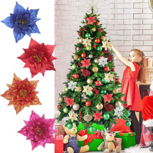 10Pcs 14cm Large Glitter Christmas Flower Artificial Flowers Merry Christmas Decorations Xmas Tree Ornaments New Year Gift