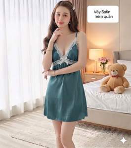 Váy lụa Satin phối ren có kèm quần ren  size 38/50 ki