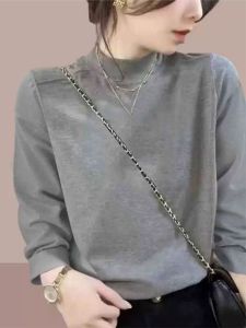 Slimming Effect Pure Cotton Loose Long Sleeve T-Shirt Womens Base Shirt Half High Collar Inner Wear Choker Spring Autumn