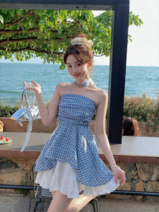 French Sweet Spicy Style One Shoulder Tube Top Shirt Women Summer High Sensation Blue Plaid Sleeveless Short Top