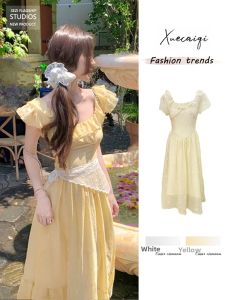XUECAIQI | Floral Lace Border Waist-slimming Dress