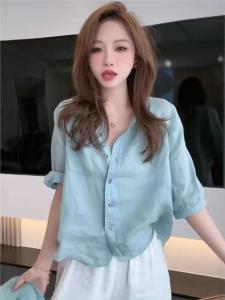 Lightweight Cotton Linen Sun Protection Shirt Womens Loose Slimming Summer New Style Fashionable Top round Neck Short Sleeve
