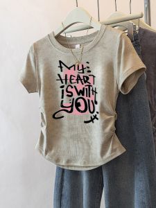 plus Size Womens Summer Tie Dye Print Short Sleeve T-Shirt Waist Cinching Slimming Short Length Top Korean Style Loose Fit