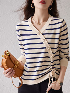 Stylish French Elegant Versatile Stripe V-neck Knitted Sweater