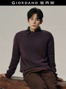 Giordano Mens Knitted Wool Blend round Neck Sweater Soft Comfortable Long Sleeve Casual Winter Fashion Basic Solid Color