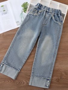 กางเกงยีนส์ขากว้างฤดูใบไม้ผลิและฤดูใบไม้ร่วงสำหรับเด็กผู้หญิง กางเกงขายาวทรงตรง กางเกงขายาวลำลอง เอวสูง สไตล์เกาหลี