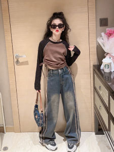 Girls Spring Autumn Denim Wide Leg Pants Set Base Shirt Bottom Two Piece Set High Waist Korean Style Long Sleeve round Neck