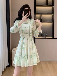 French Style Chiffon Water Ink Bamboo Leaf National Trend Dress Womens Spring Summer Small Size High End New Chinese Long Sleeve Floral Skirt