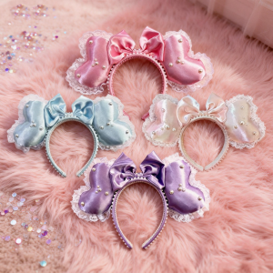 Disney | Mickey Mouse Ears Hairbands Pearl Heart Lace Bow Headbands Hair Band Birthday Party Halloween Princess Cosplay Costume For Women