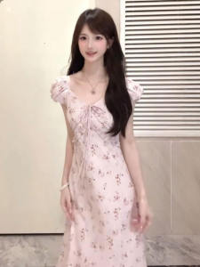 CHANGTONG | Gentle Style Aesthetic Puff Sleeve Floral Dress Slimming